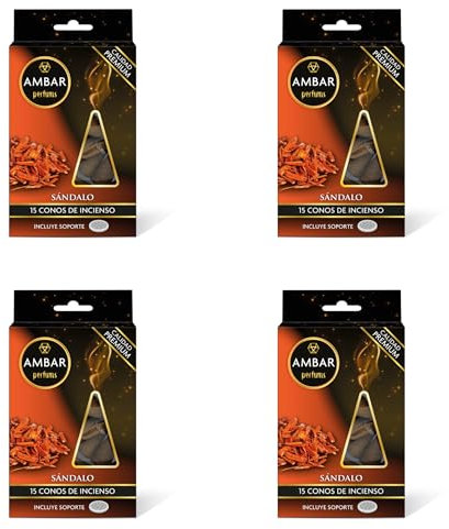 Ambar Perfums Conos de Incienso Sándalo Pack de 4 (60 Conos en Total) con Soporte IncluidoIncienso Aromático con Aceites Naturales y Fragancia Premium Relajación, Meditación y Purificación del Hogar