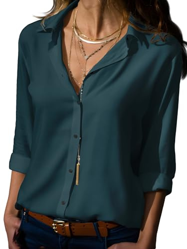Women’s Long Sleeve Button-Down Shirt – Wrinkle-Free Office Blouse, Collared Tunics, Oversized Boyfriend Style, Solid Dressy Top (S-5XL) (UK, Alpha, L, Regular, Regular, #15)