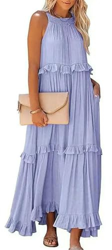 YDRABFLE Vestito Abiti Lunghi del Collo di Halter Women Weeless Lace-Up Abito da Spiaggia Rastrellatore Sciolto Elegant Ladies Vestidos-Lilla-S