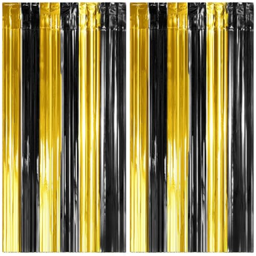 Silvester Lametta Vorhang Gold Schwarz, Folie Fransen Vorhang Schimmer, Metallic Tinsel Vorhange Hintergrund Fringe Glitzervorhänge Fransenvorhang Metallfolie fur Party Deko Geburtstagsdeko -2stk-
