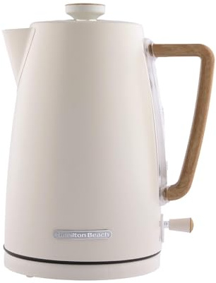 Hamilton Beach Electric Kettle, Scandi 1.7L, Boil Dry Protection, Auto Shut Off, Water Level Window, Stay Cool Handle, Ergonomic Grip, Matte Cream with Wood Effect - HBK01MC