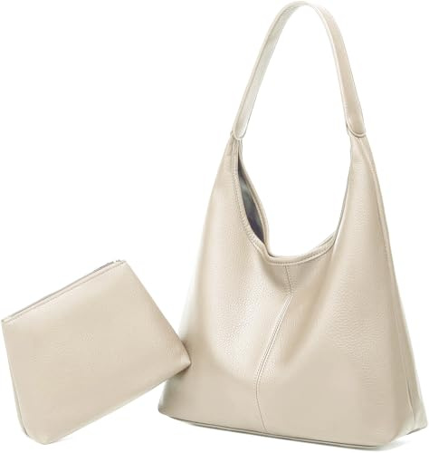 JEKAVA Umhängetasche Damen Gross Handtasche Universitätsstudent Schultertasche Leder Crossbody Bag Damen Breiter Gurt Handtasche zum Umhängen Set 2-Teiliges Set (beige)
