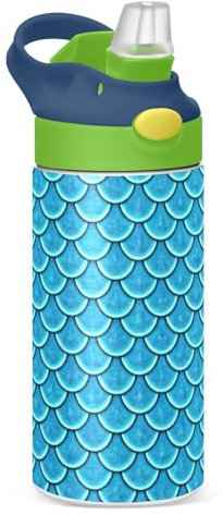 JUMBEAR Belle bouteille d'eau colorée en forme d'écailles de sirène pour enfants, 350 ml, bouteille d'eau de sport isotherme avec couvercle à paille, bouteille d'eau en acier inoxydable pour garçons