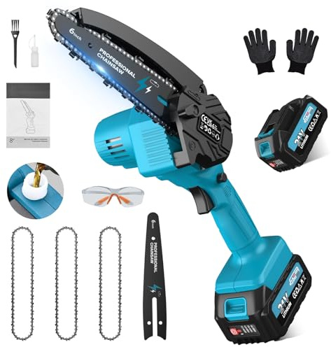 Mini Motosierra a Batería, 6 Pulgadas/15 cm Motosierra Eléctrica Podar con 3 Cadenas, Sierra a Batería Portátil Sin Cables con Engrasador Automático, para Jardín, Corte de Madera – PowerCut X7e