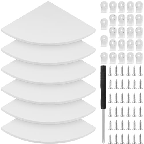 PINGEUI Uppsättning av 6 hörn, flytande hyllor, 25 cm vit hörnhylla med spårlösa spikar, skruvar och skruvmejslar, triangeldesign hörnmonteringshylla för badrum, sovrum, vardagsrum