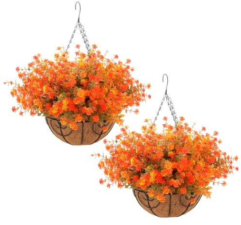 JOYWU Artificial Fall Flowers with Hanging Basket for Outdoor Decoration,2 Set 45cm Red Yellow Orange Eucalyptus Daisy Fern Fake Plants in Hanging Planter for Autumn Porch Garden Patio Yard Decor (A)