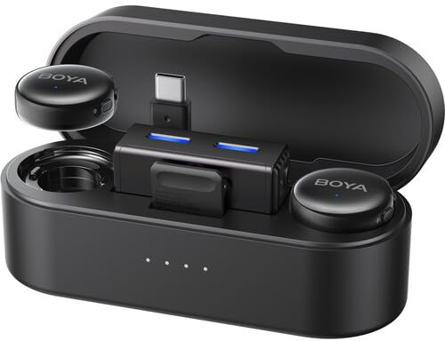 BOYA BOYALINK 3 - Sistema de micrófono Lavalier inalámbrico, transmisores duales con cancelación de ruido IA, micrófono de 2.4 GHz para iPhone/Android/cámara/PC, rango de 980 pies, funda de carga