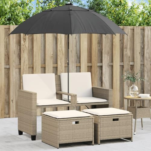 Qnhdfrt Gartensofa 2-Sitzer mit Sonnenschirm und Hockern aus PE-Rattan und Stahl Beige Wetterbeständige Outdoor-Lounge für Garten, Terrasse und Balkon
