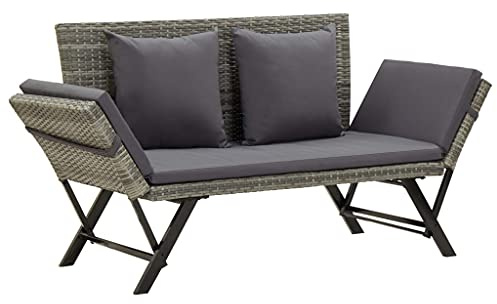 QJBSAVVA 2 in 1 Gartenbank aus Poly Rattan Grau mit Cremeweißen Kissen 130-176 x 70 x 80 cm Umwandelbare Sitzbank und Tagesbett für Balkon Garten und Terrasse