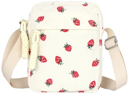 FOSLXIN Cord Tasche Damen Klein Crossbody, Klein Cord Tasche, Crossbody Bag, Casual Umhängetaschemit Verstellbarer Schulranzen Handtasche für Geschenk, Alltag, Einkaufen, Reisen (Erdbeere)