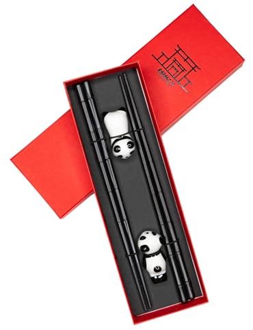 Reusable Fiberglass Chopsticks with Ceramic Panda Rest Set of Two Lightweight Chop Stocks