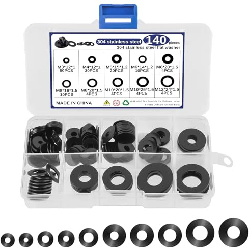Große Unterlegscheiben Set 140 Stück, schwarze Edelstahl Unterlegscheiben, 10 Größen für Beilagscheiben Set M3, M4, M5, M6, M8, M10, M12, Karosseriescheiben für Reparaturen
