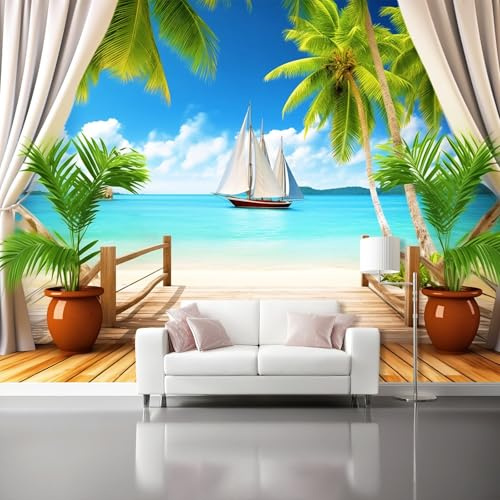 Papel Pintado Pared 350 x 256 cm - Tropical Playa Hojas De Palma Papel pintado Azule Mural de Arte Decoración para Comedores Salones Habitaciones Sala Cuarto Oficina Salón