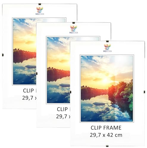 MG Design Cliprahmen Set 5 Stück in A3 29,7 x 42 cm – Rahmenlose Bilderrahmen mit Acrylglas & HDF-Rückwand für Fotos, Poster & Puzzle, vertikal & horizontal