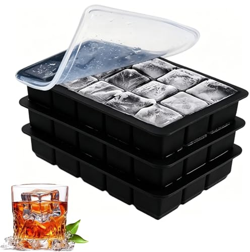 3 Pack Silicone Ice Cube Trays, 15 Square Ice Cube Moulds for Easy Release, Large Ice Trays for Whiskey Freezer Containers,Easy Release & BPA Free for Cocktails Whiskey Juice Coffee