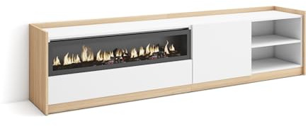 Skraut Home | Mueble TV | Muebles de salón, almacenaje | 207x50x37 cm | para televisión hasta 80 | Chimenea eléctrica | Estilo Moderno | Blanco y Roble Soft