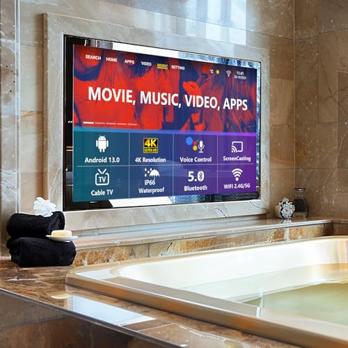 Leotachi 32inch Premium Smart 2-in-1 Mirror TV (Black) | 4K Ultra HD, IP66 Waterproof, Wall Mount, Android OS, Voice Remote, DVB-T/T2/C/S/S2 Tuner, HDMI ARC/SPDIF, Bathroom Hotel Use
