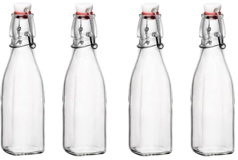 Bormioli Rocco Swing Top Glass Bottle (Set of 4) - 8.5 oz Reusable Container with Secure Metal Clasp, Ideal for Homemade Juices, Oil Infusions, Condiments, Mixers - Everyday Drinking Glasses