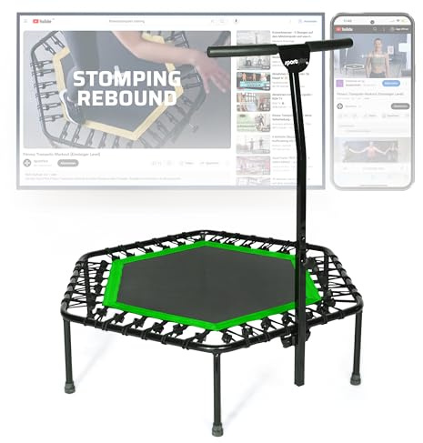 SportPlus Fitness-Trampolin, Ø 126cm, leise Gummiseilfederung, 5-Fach höhenverstellbarer Haltegriff, inkl. Randabdeckung, Nutzergewicht bis 130kg, Trampolin für Jumping Fitness
