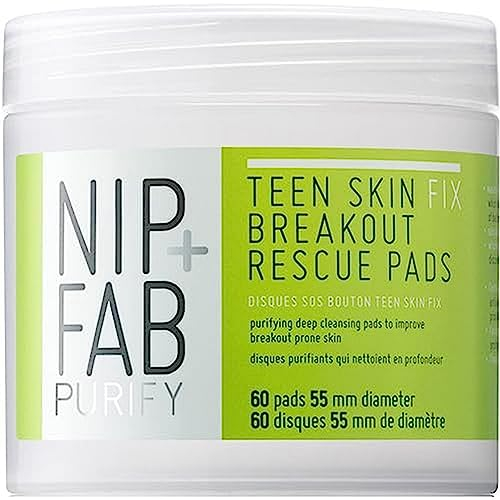Nip + Fab Teen Skin Fix Zero Breakout Rescue Face Pads with Salicylic Acid, Witch Hazel and Antioxidant Wasabi Extract, BHA Facial Pad for Cleansing Pores Prevent Breakouts Blemishes, 60 Count