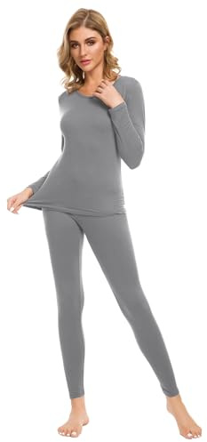 iWoo Ladies Thermal Underwear Set Leggings Women Thin Pants Bottoms Tops Pretty Soft Baselayer Long Sleeve Manufacturer Size 6, (UK Size: XXL, Grey)
