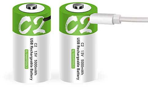 Rechargeable C Batteries 1.5V 5000mWh USB Lithium ion Rechargeable C Battery with USB Type C Charging Cable, High Capacity Fast Charge, 1200 Cycles Constant Output, Over-Charge Protection,2-Pack