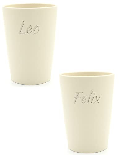 Magu 2 Personalisierte Becher aus Biopolymer (100% Erdölfrei) mit Namen | 2er Set Trinkbecher + Individuelle Namensgravur Zahnputzbecher Natur Design 2 Stück naturweiß