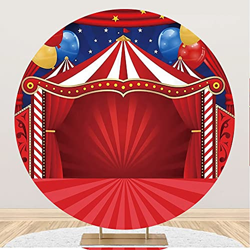 Aoihrraan 200cm Diamètre Cirque Thème Rond Photographie Toile de Fond Rouge Rayures Tente Ballons Parc d'attractions Fond Enfants Anniversaire Fête Gâteau Table Décor Bébé Shower Photo Props