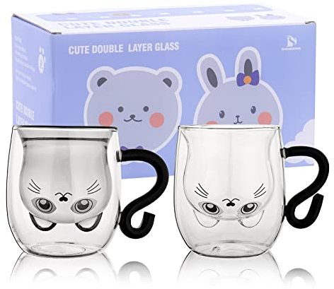 SHENDONG Nette Katze Tassen Set von 2 Nette Katze Tee Kaffeetassen mit Griff 8.5oz Milchbecher Doppelwand Isolierglas Espresso Tassen Glas Geschenk für Frauen Persönlicher Geburtstag(2-Pack)