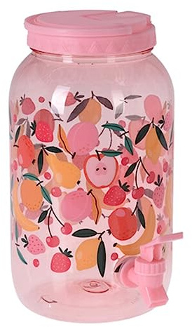 Beverage Drinks Dispenser with Tap 3.75L Plastic Mason Jar Juice Cocktail Punch Squash Water Drinks Storage for Parties Outdoor Picnic Summer BBQ’s Home (Fruits - Pink)