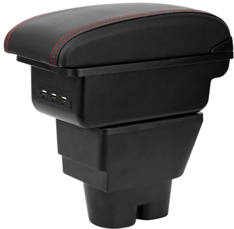 YJYWZH Armlehne für Peugeot 207 207CC 2006-2015 Mittelarmlehne mit USB | 2 USB+1 USB-C,Doppelstauraum,Verschiebbare Armauflage,PU-Leder,Mittelkonsolen Armlehne,Schwarz mit Roter Naht