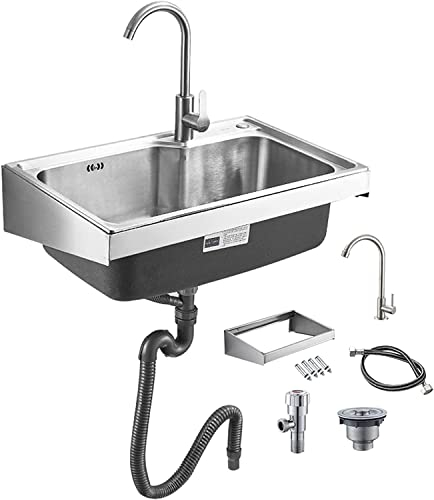 Waschbecken für zu Hause, Küchenspülen, 304-Edelstahl-Spüle, Einzelbecken, Küchenspüle, Wandmontage-Waschbecken, einfache Wäschespüle für zu Hause, mit Wasserhahn, Mehrzweck-Waschbecken