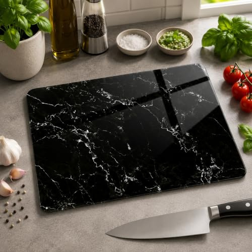 Glass Chopping Board 40x30cm : Black Marble Effect Worktop Saver for Kitchens - Durable, Hygienic Glass Worktop Savers - Easy-Clean, Tempered Glass, Scratch-Resistant, Heat-Proof