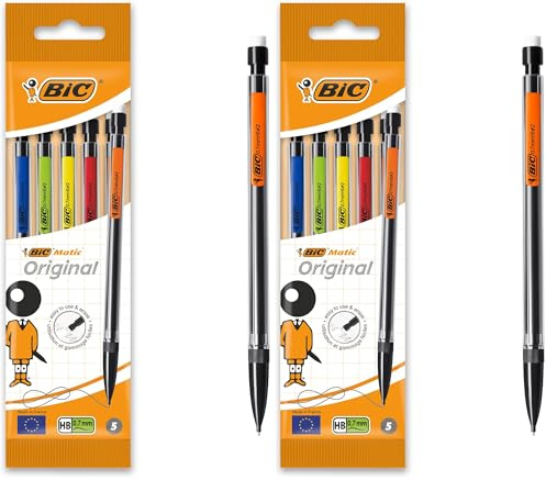 BIC Druckbleistift Matic, 0.7 mm, HB, sortierte Clipfarben, inklusive 3 Minen, Beutel à 5 Stück, schwarz (Packung mit 2)