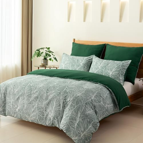 Tokokimo Emerald Green Double Duvet Cover Bedding Set Tropical Leaves Pattern, Summer Duvet Cover Set Green with 2 Pillowcases for Double Bed 200x200 cm, Soft Microfiber, Green/Tropical
