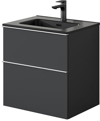 BERNSTEIN Badmöbel-Set Lavoa 60 cm bestehend aus Waschbecken und Unterschrank mit 2 Schubladen, Waschbeckenunterschrank in Anthrazit, Griffe in Chrom - 5 Jahre Garantie - Waschtisch in Schwarz matt