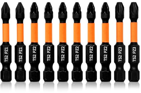 Hilpaty Set di 10 Inserti Avvitatore Pozidriv PZ1*2 PZ2*6 PZ3*2, Bit di Cacciavite Magnetico Impulsi, Lunghezza 50mm e Codolo Esagonale 1/4