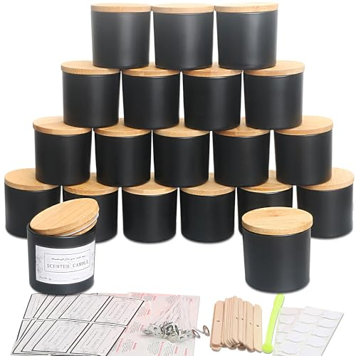 MILIVIXAY Confezione da 20 barattoli per candele in vetro nero opaco da 113,4 g, con coperchio e kit per la creazione di candele, piccoli barattoli vuoti per candele – contenitori per spezie e