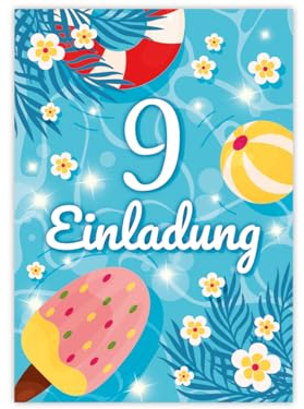 Minkocards 10 Einladungskarten zum 9. Kindergeburtstag Schwimmbad Schwimmen Jungen Mädchen Einladung neunte Geburtstag