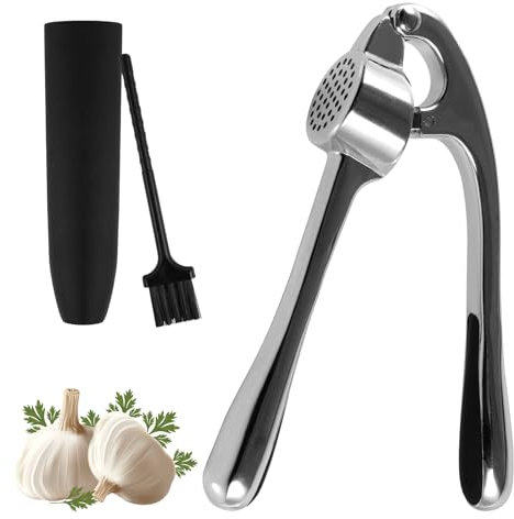 Knoblauchpresse, Robust Knoblauchschneider, Spülmaschinenfest Leicht Zu Reinigende Knoblauchpresse, Garlic Press mit Schälhilfe und Bürste, Leicht zu Drückendem Griff