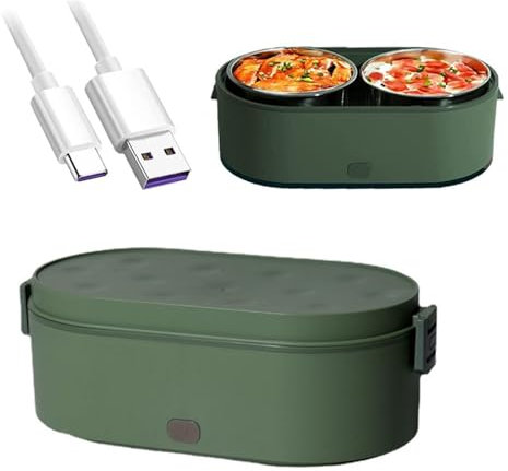 Lunch Box Riscaldato Scaldavivande Portatile a Prova di Perdite con Contenitore In Acciaio Inossidabile 304, Bento Box Riscaldante per Auto 800ML USB Lunch Box Elettrico per Casa, Ufficio,Green