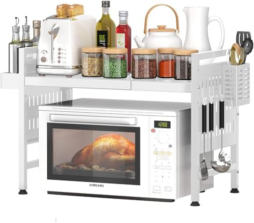 Shally Dogan Scaffalatura Estensibile Allungabile Porta Microonde in acciaio con Ripiano, Mensola Organizer con Portaspezie e Portaposate da Cucina, Mobiletto con Piedini Antiscivolo (Bianco)