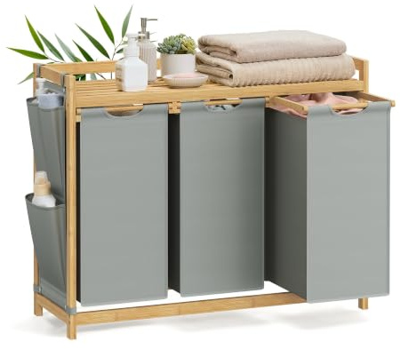 SONGMICS Laundry Basket with 3 Compartments, Laundry Hamper, Holds up to 150 L, Laundry Sorter, with Shelf, Laundry Bag, Side Pockets, 3 x 50 L, 94 x 33 x 78 cm, Dove Grey RLH115G01