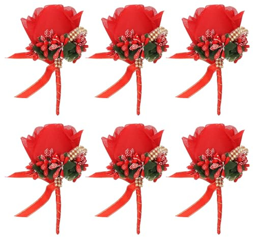 PATIKIL 6er-Pack Rosenblumen-Anstecker, künstliche Rosen-Anstecker, Rot | handgefertigte Blumen-Corsage mit Kappe, Anstecknadel Hochzeitsfeier, Zeremonie