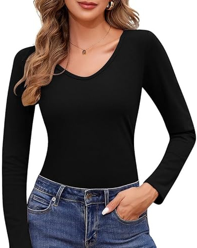 Jiuday Thermoshirt Damen Langarm Thermo Oberteil | Fleece Pullover Gefüttert Rundhalsausschnitt And V Ausschnitt Slim Fit für Haus Sport Skifahren Alltag Unterwegs Hause