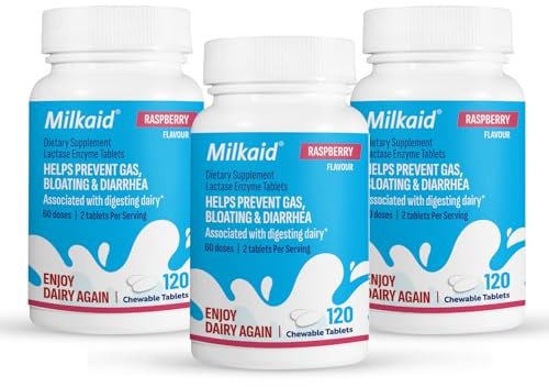Milkaid Lactase Enzyme Chewable Tablets for Lactose Intolerance Relief | Prevents Gas, Bloating & Diarrhea | Fast Acting Dairy Digestive Supplement (360 Tablets, Raspberry)