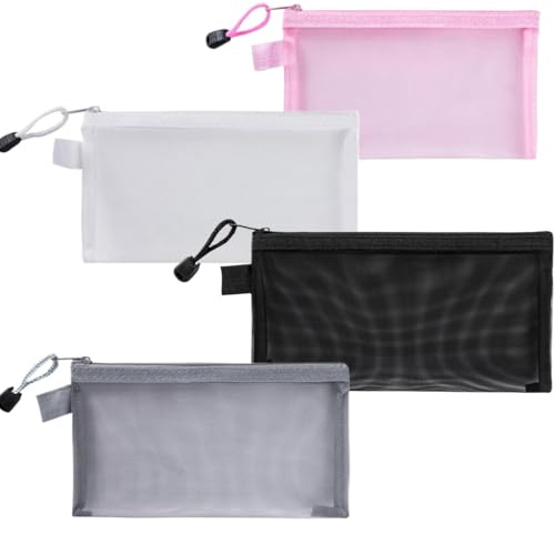 KOLZEMV 4 PCS Transparente Federmäppchen Nylon-Netzstoff Zip Mesh Reißverschluss Beutel Stifteetui Clear Exam Pencil Pouch Tragbares Schreibwarenetui für Schule Bürobedarf Kosmetik Aufbewahrungsbeutel