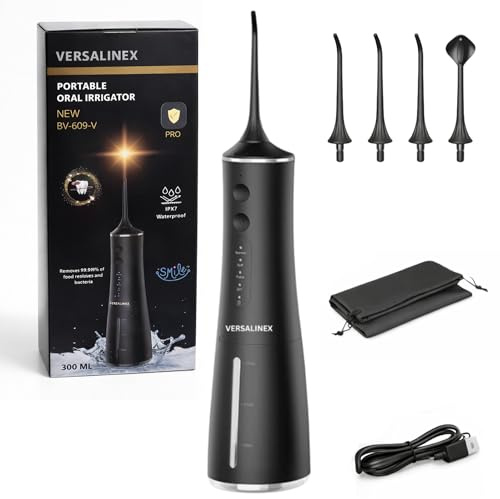 Versalinex Professionelle Munddusche 300 ml – tragbare Munddusche für Reisen, wiederaufladbar, USB-C mit 4 Modi, 4 rotierenden Aufsätzen – Oral Irrigator wasserdicht IPX7 Hochdruck (schwarz)