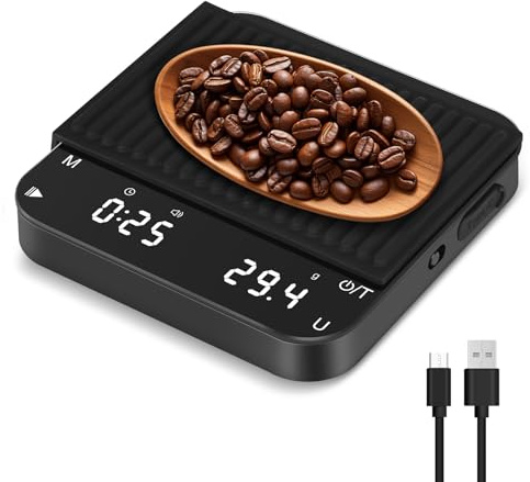 Gaethra Digitale Kaffeewaage mit Timer 2kg/0,1g Hohe Präzision, Espresso Waage mit 6 Maßeinheiten, USB-C Wiederaufladbar, Automatischer Tarierung, Mini Waage für Pour Over & Barist