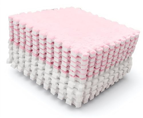 10pcs Plush Foam Floor Mat, Cuttable Soft Rug Play Mat Color Blocking Plush Puzzle Interlocking Square Carpet Tile Flooring Climbing Area Rugs for Home Playroom (Pink White)